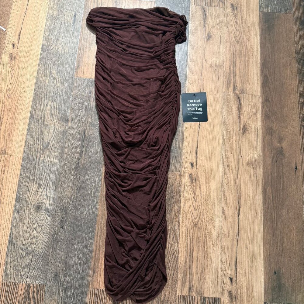 Lulu's Brown Ruched Off-Shoulder Midi Dress - Picture 2 of 8